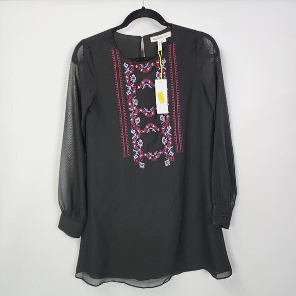 NEW BCBGeneration Embroidered‎ Sheer Sleeve Shift Mini Dress Long Sleeve XS $108 - Picture 2 of 15